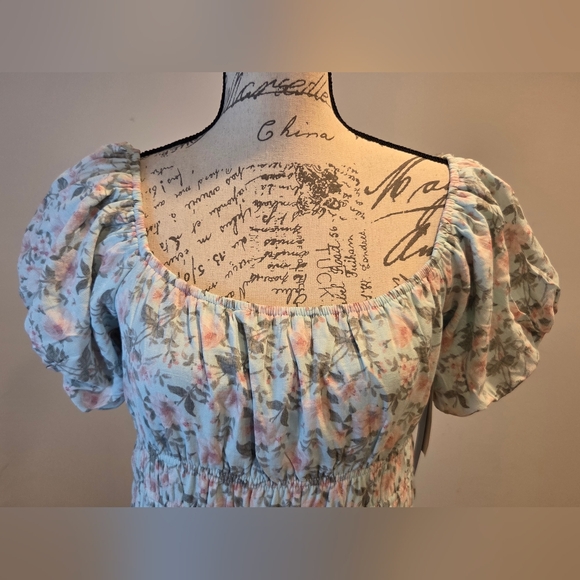 Trixxi Blue/ Aqua / Pink  Floral Puff Sleeve Maxi Dress, Size L. - Picture 2 of 15